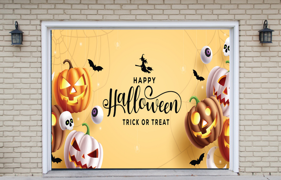 Decoración para puerta de garaje con personajes de calabazas espeluznantes para la celebración de Halloween: ¡Dulce o truco!