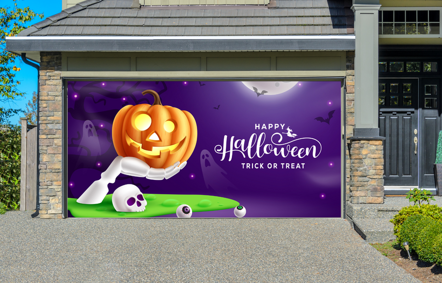 Decoración de Halloween: Truco o trato con calabaza, calavera y mano esquelética para fiesta de terror. Cubrepuertas de garaje.