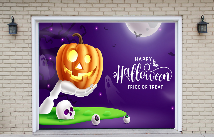 Decoración de Halloween: Truco o trato con calabaza, calavera y mano esquelética para fiesta de terror. Cubrepuertas de garaje.
