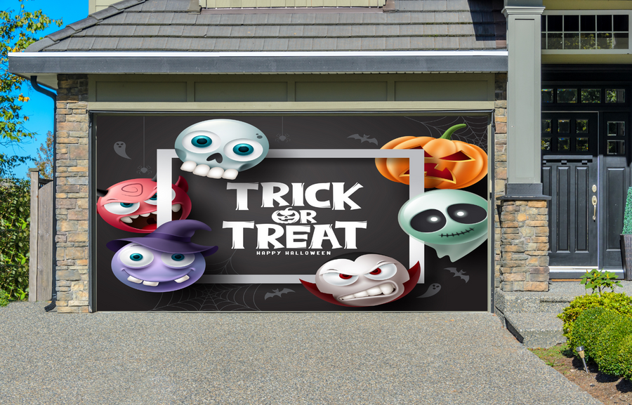Decoración de Halloween para puerta de garaje con temática de fantasmas, vampiros y brujas: ¡Truco o trato con calabazas!