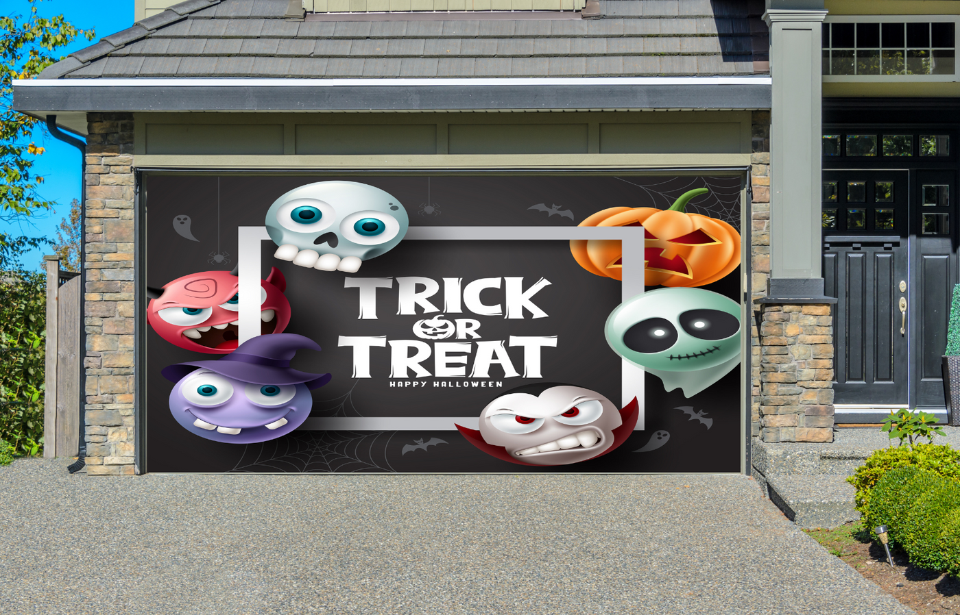 Halloween Trick Or Treat With Pumpkins Ghost Vampire And Witch Character Garage Door Cover Wrap Decoration