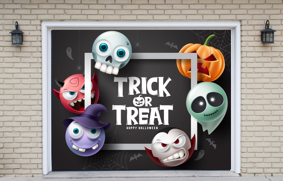 Decoración de Halloween para puerta de garaje con temática de fantasmas, vampiros y brujas: ¡Truco o trato con calabazas!