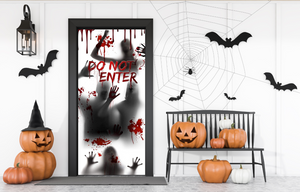 Accesorios de Halloween: Huella de mano y figura sombría. No entrar por la puerta principal.