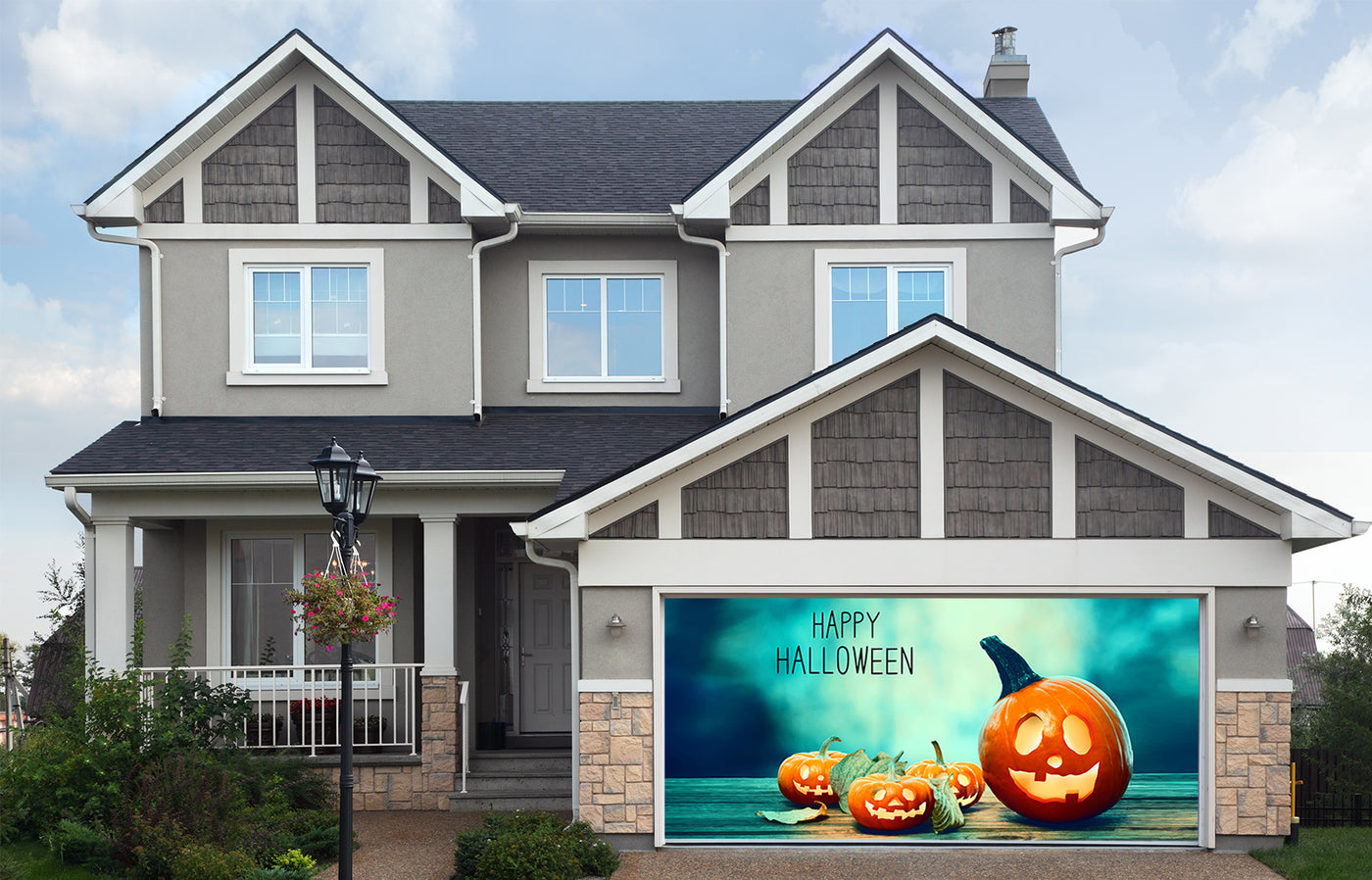 Happy Halloween with pumpkins on a spooky forest at night Garage Door Cover
