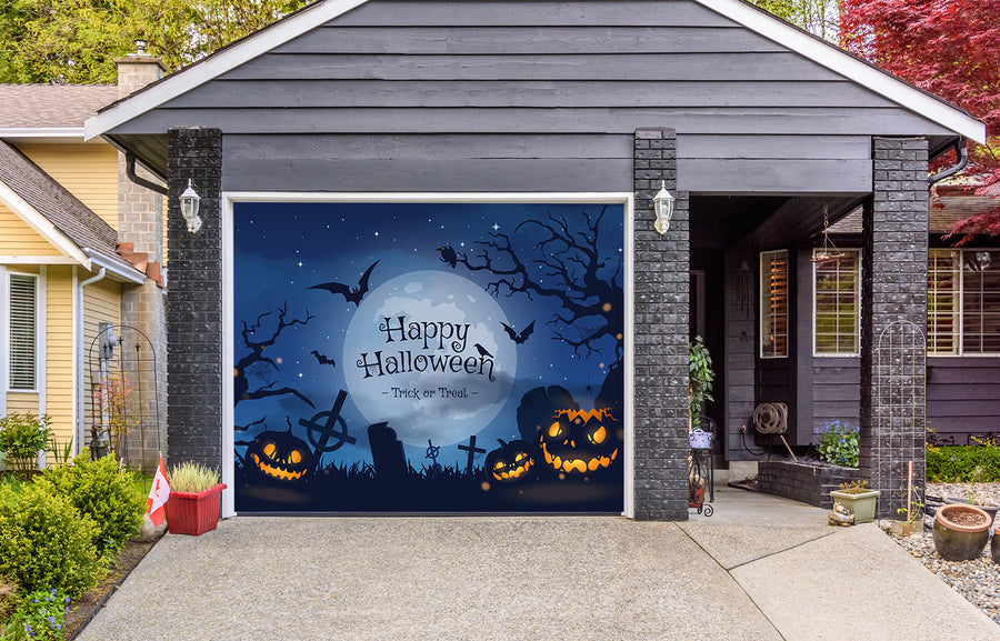 Happy Halloween with Blue Fog Clouds and Pumpkins Garage Door Cover Banner Backdrop