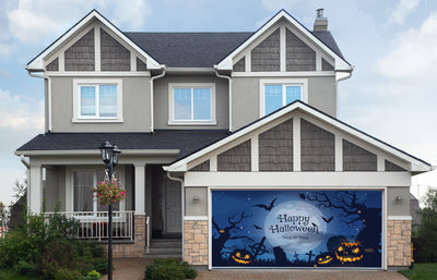 Happy Halloween with Blue Fog Clouds and Pumpkins Garage Door Cover Banner Backdrop