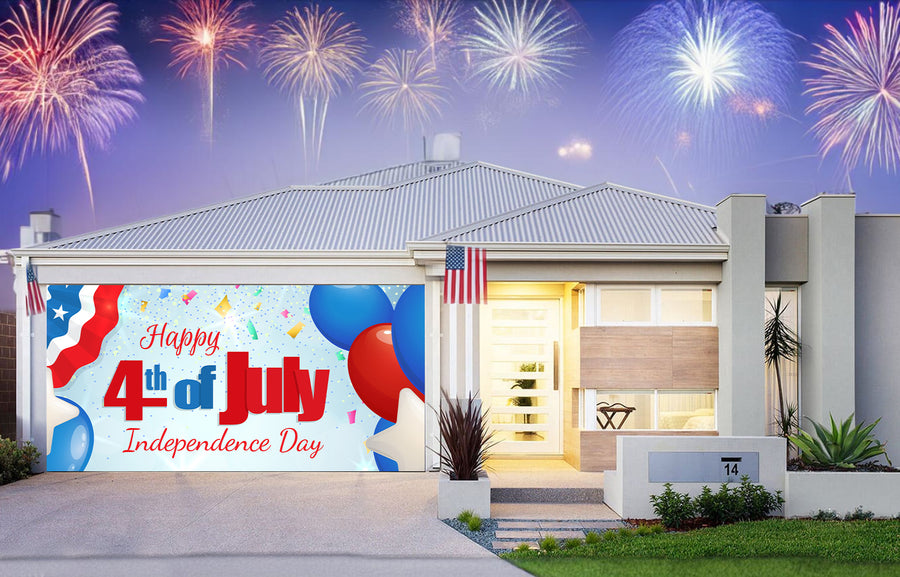 Feliz 4 de julio, Día de la Independencia, con pancarta para puerta de garaje con globos