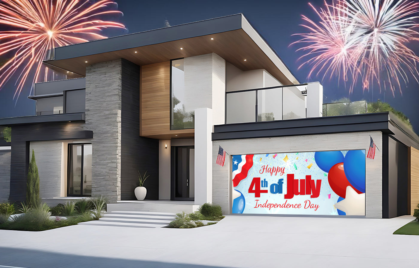 Happy 4th of July, Independence Day With Balloons Garage Door Cover Banner