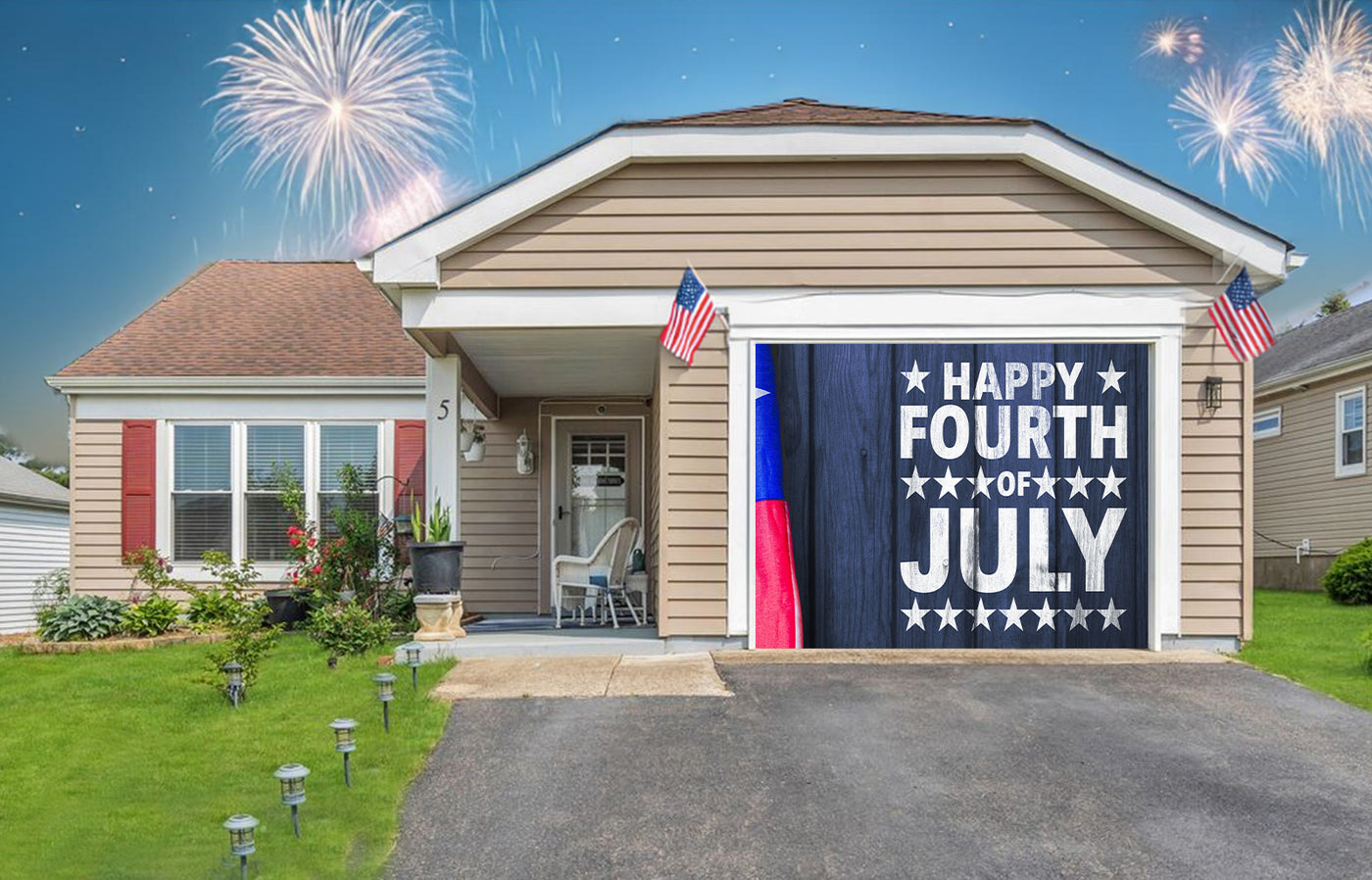 Happy Fourth Of July On Wooden Background Garage Door Cover Banner