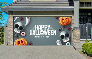 Feliz Halloween: Truco o trato en un espacio gris con personajes de mascotas aterradores, espeluznantes y adorables. Decoración para puerta de garaje.