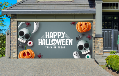 Happy Halloween Trick Or Treat In Gray Space With Scary Spooky Creepy And Cute Mascot Characters Garage Door Cover Wrap Decoration