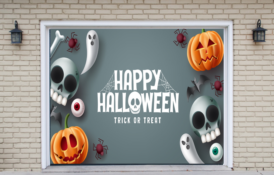 Feliz Halloween: Truco o trato en un espacio gris con personajes de mascotas aterradores, espeluznantes y adorables. Decoración para puerta de garaje.