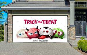 ¡Feliz Halloween! Truco o trato con esta decoración de puerta de garaje con personajes terroríficos y espeluznantes.
