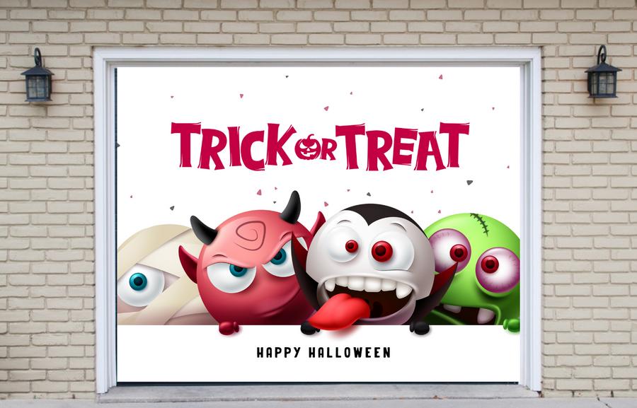 ¡Feliz Halloween! Truco o trato con esta decoración de puerta de garaje con personajes terroríficos y espeluznantes.