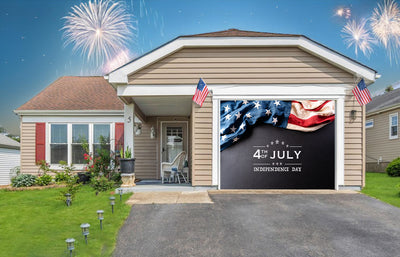 Happy Independence Day American Flag On Black Background Garage Door Cover Banner