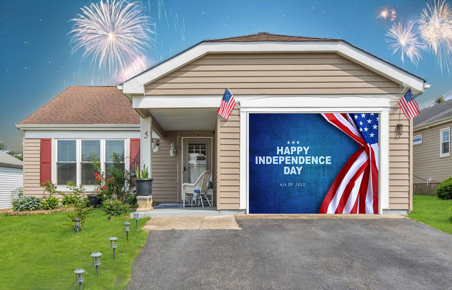 Feliz Día de la Independencia Bandera de EE. UU. en pancarta azul para puerta de garaje