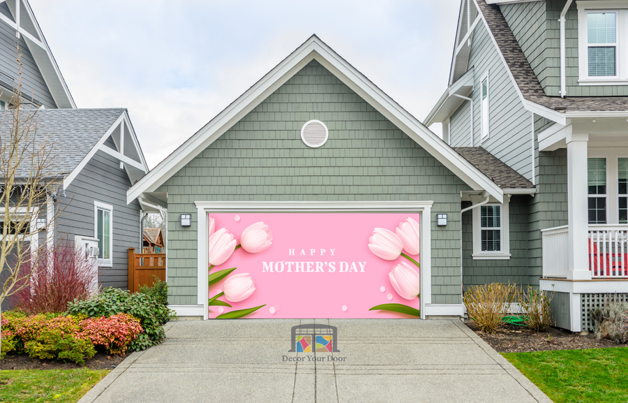 Happy Mother's Day Pink Backdrop With Flowers Garage Door Cover Banner Backdrop