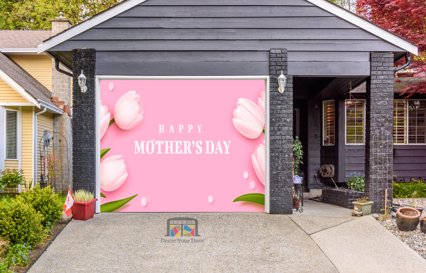 Happy Mother's Day Pink Backdrop With Flowers Garage Door Cover Banner Backdrop