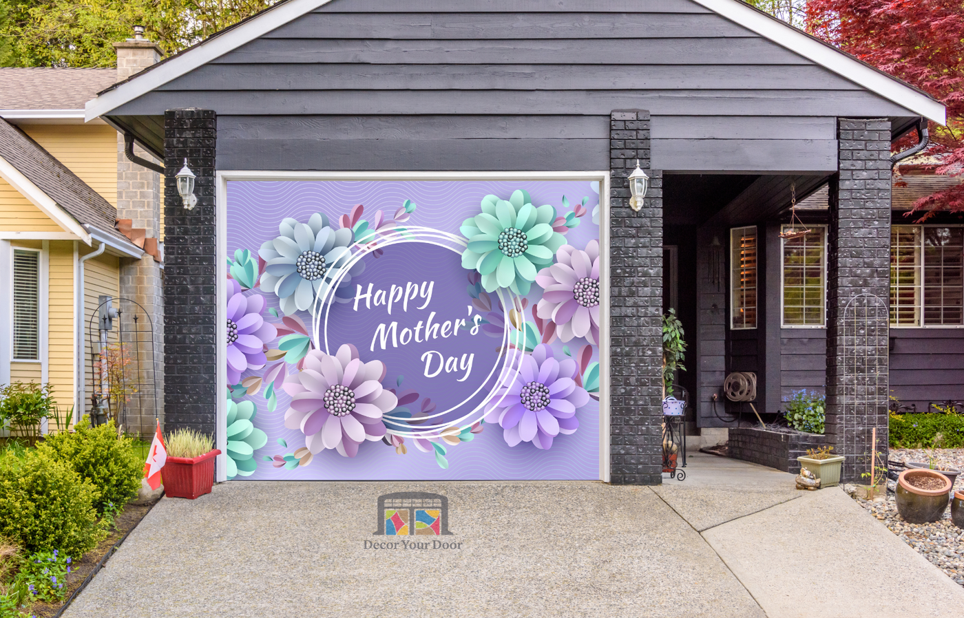 Happy Mother's Day With Purple Flowers Backdrop Garage Door Cover Banner