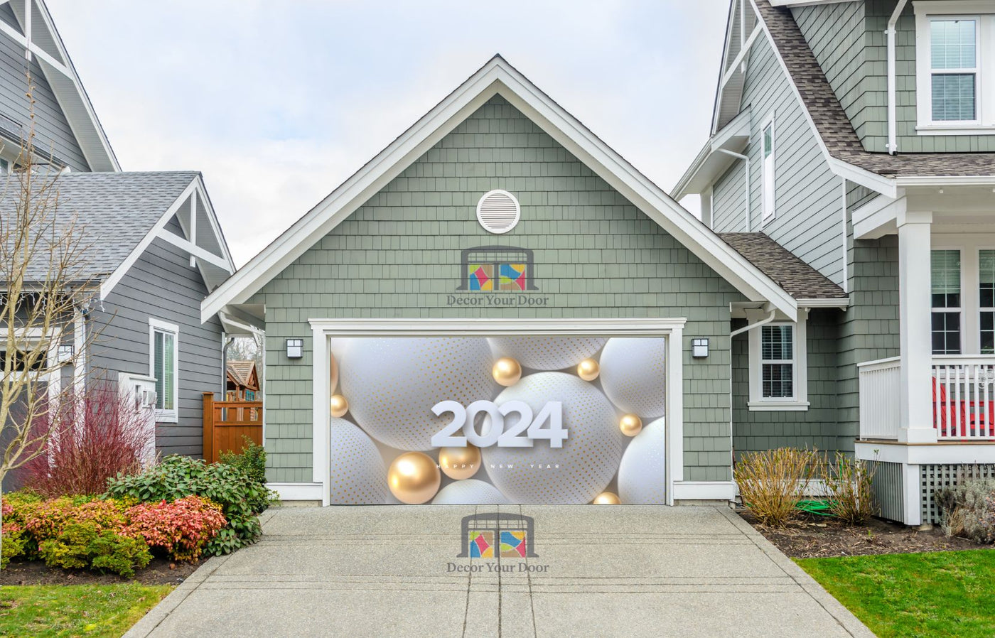 Happy New Year 2024 Golden Balls Garage Door Wrap Cover Mural Decoration