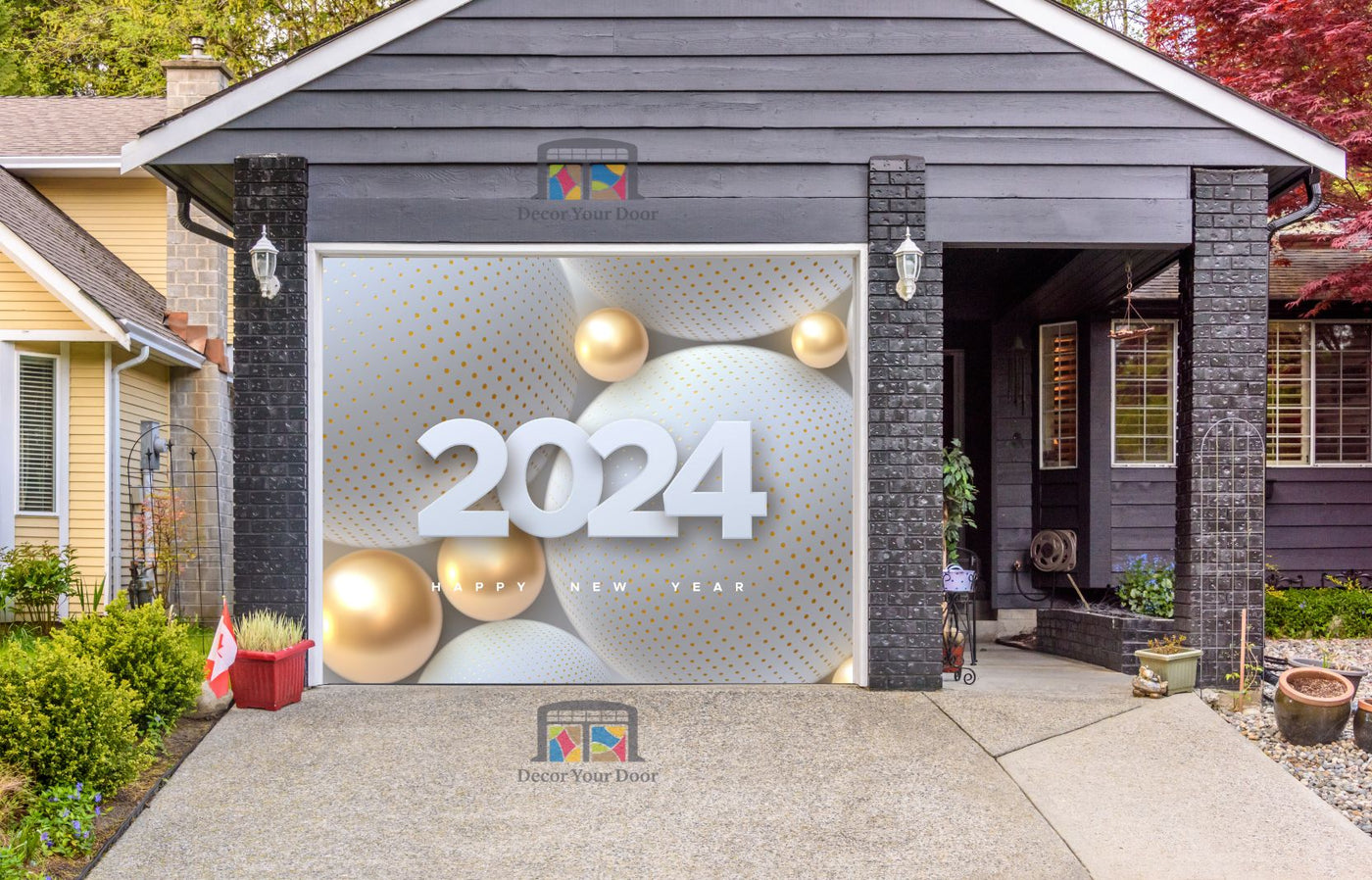 Happy New Year 2024 Golden Balls Garage Door Wrap Cover Mural Decoration