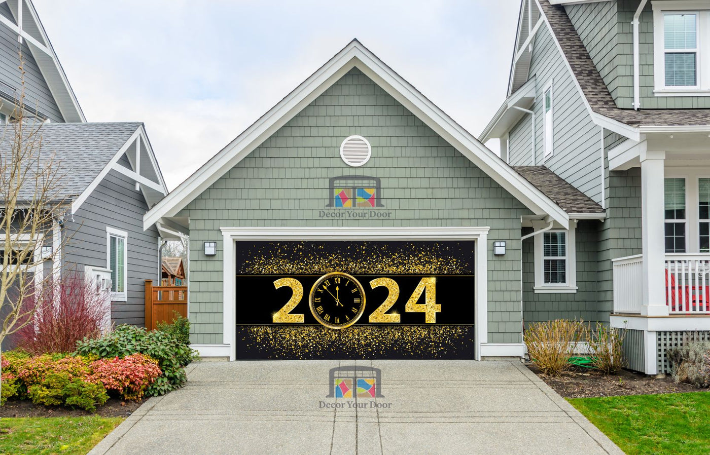 Happy New Year 2024 In Gold Glitter Garage Door Wrap Cover Mural Decoration
