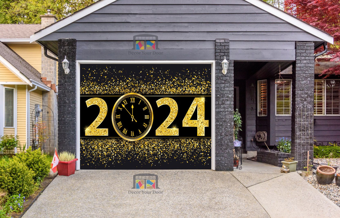Happy New Year 2024 In Gold Glitter Garage Door Wrap Cover Mural Decoration