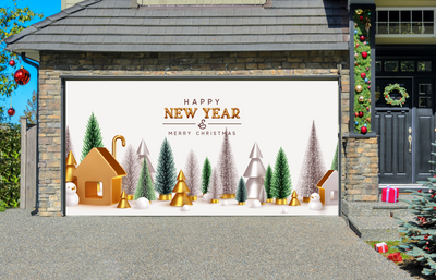 Happy New Year! Christmas Trees Lush Green And Silver Garage Door Cover Wrap Christmas Banner