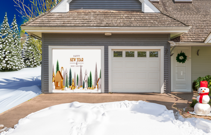 Happy New Year! Christmas Trees Lush Green And Silver Garage Door Cover Wrap Christmas Banner