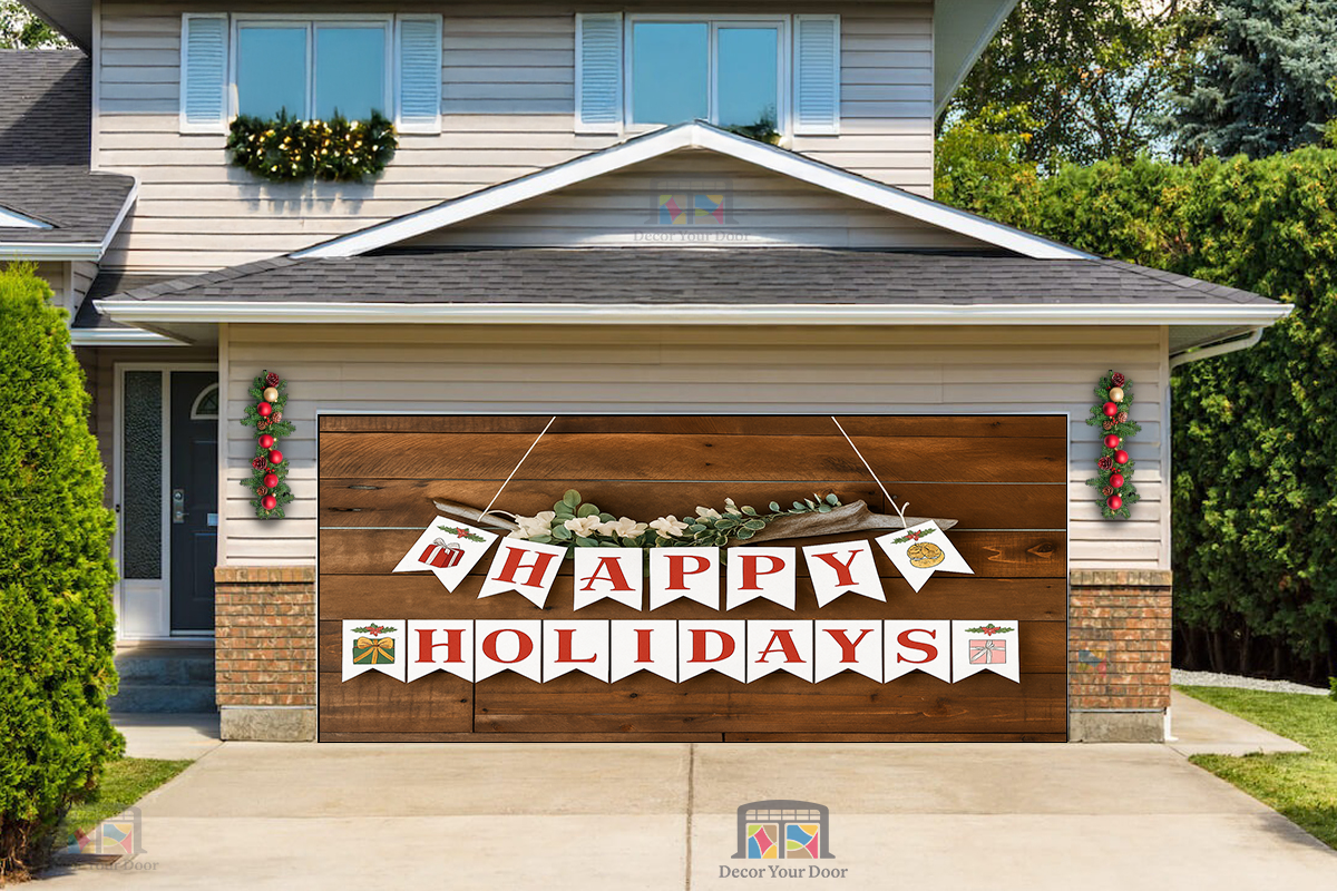 Pancarta rústica de Felices Fiestas – Cubierta navideña para puerta de garaje