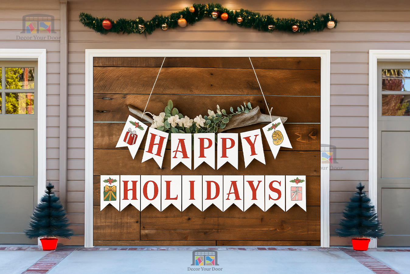 Pancarta rústica de Felices Fiestas – Cubierta navideña para puerta de garaje