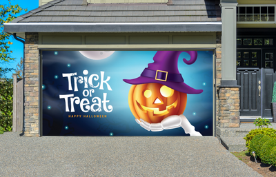 Happy Halloween And Trick Or Treat With Glowing Lantern Pumpkin Wearing Witch Hat In Moon Night Garage Door Cover Wrap Decoration