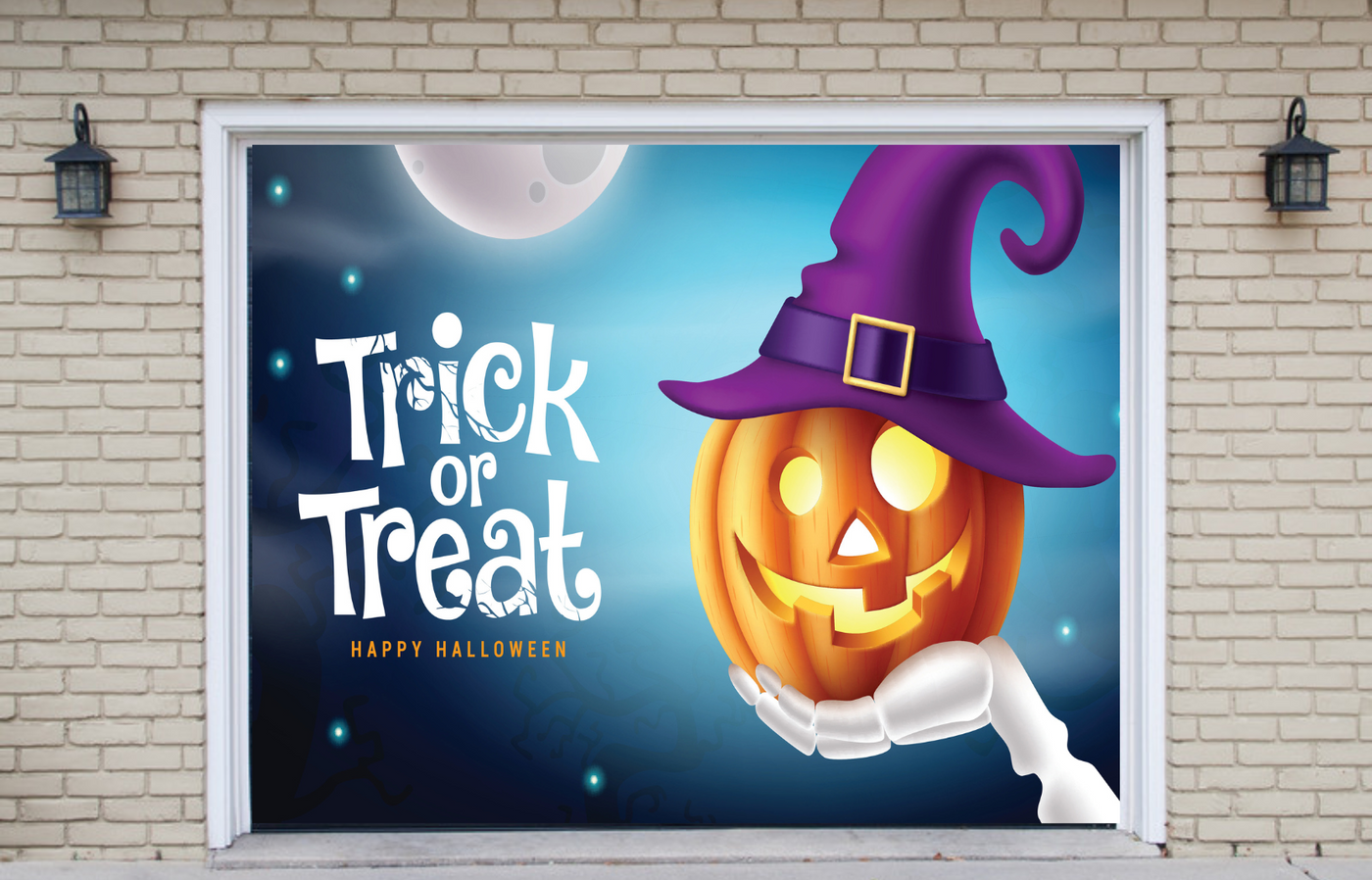 Happy Halloween And Trick Or Treat With Glowing Lantern Pumpkin Wearing Witch Hat In Moon Night Garage Door Cover Wrap Decoration