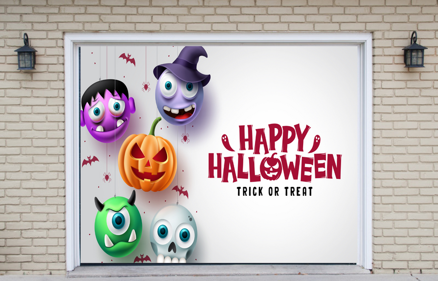 Feliz Halloween: Truco o trato en un espacio blanco con una aterradora calavera de calabaza colgante y personajes de bruja de terror en la puerta del garaje.