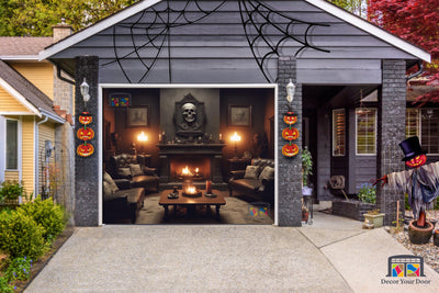 Haunting Living Room Featuring a Sole Skull Garage Door Cover Banner Wrap - Decor Your Door