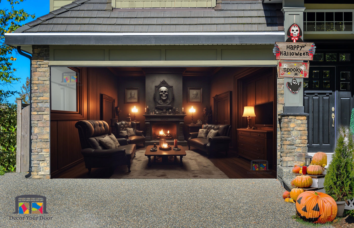 Haunting Living Room Featuring a Sole Skull Garage Door Cover Banner Wrap - Decor Your Door