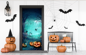 Noche de luna de terror, árbol muerto, cementerio aterrador, calabazas, cubierta para puerta principal de cementerio