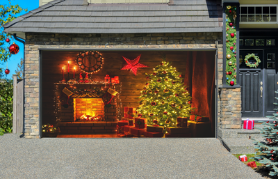 Interior Christmas. Magic Glowing Tree, Fireplace Gifts Garage Door Cover Wrap Backdrop Decoration