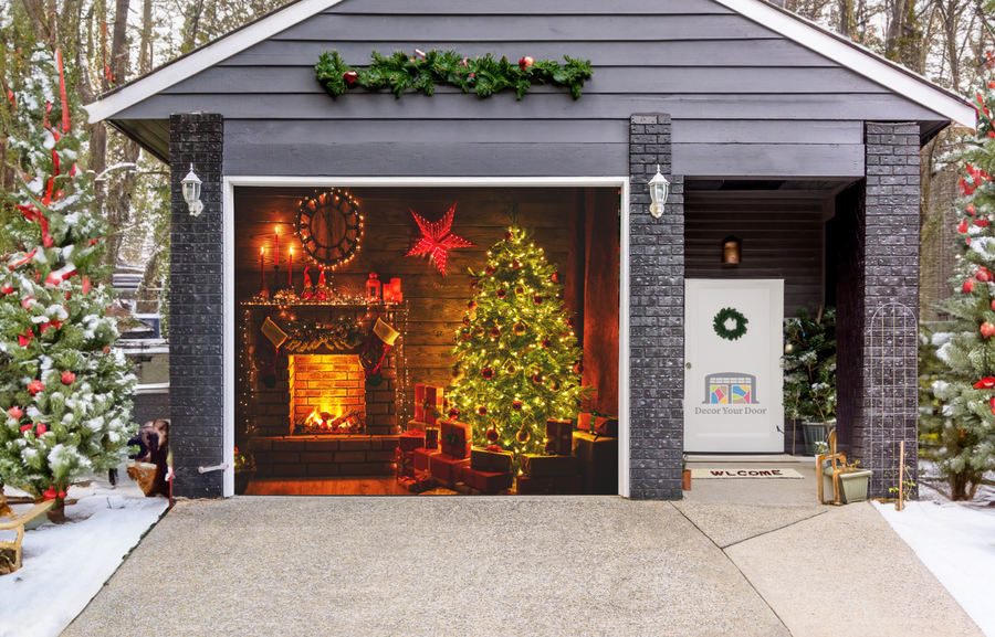Interior Christmas. Magic Glowing Tree, Fireplace Gifts Garage Door Cover Wrap Backdrop Decoration