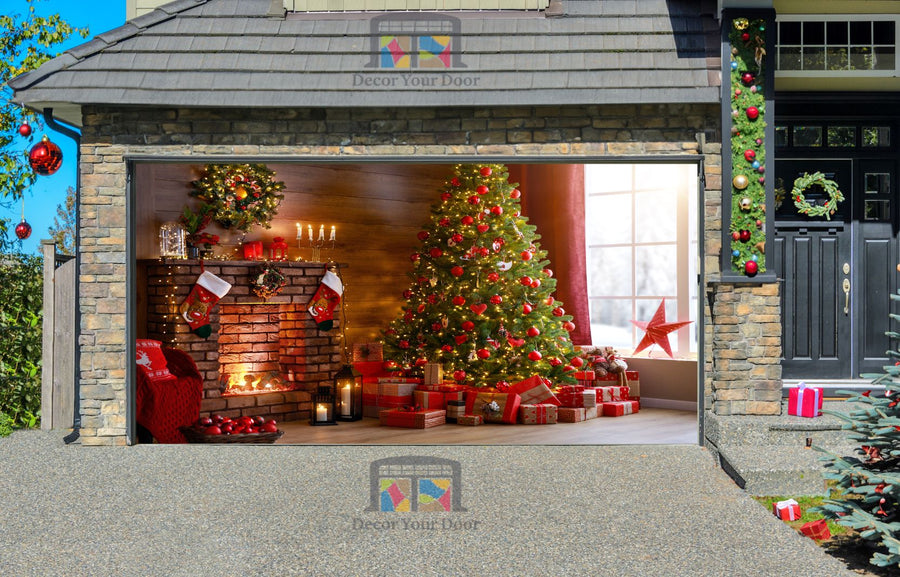 Interior Christmas Magic Glowing Tree Fireplace Gifts Garage Door Wrap Cover Christmas Decoration