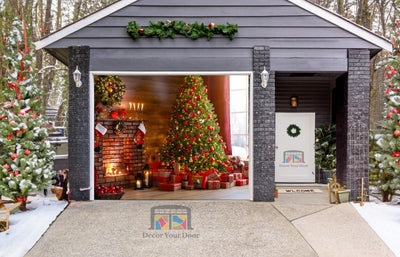 Interior Christmas Magic Glowing Tree Fireplace Gifts Garage Door Wrap Cover Christmas Decoration