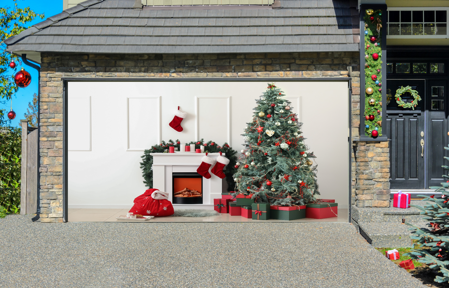 Interior of Light Living Room With Santa Bag, Fireplace And Christmas Tree Garage Door Cover Wrap Backdrop Decoration