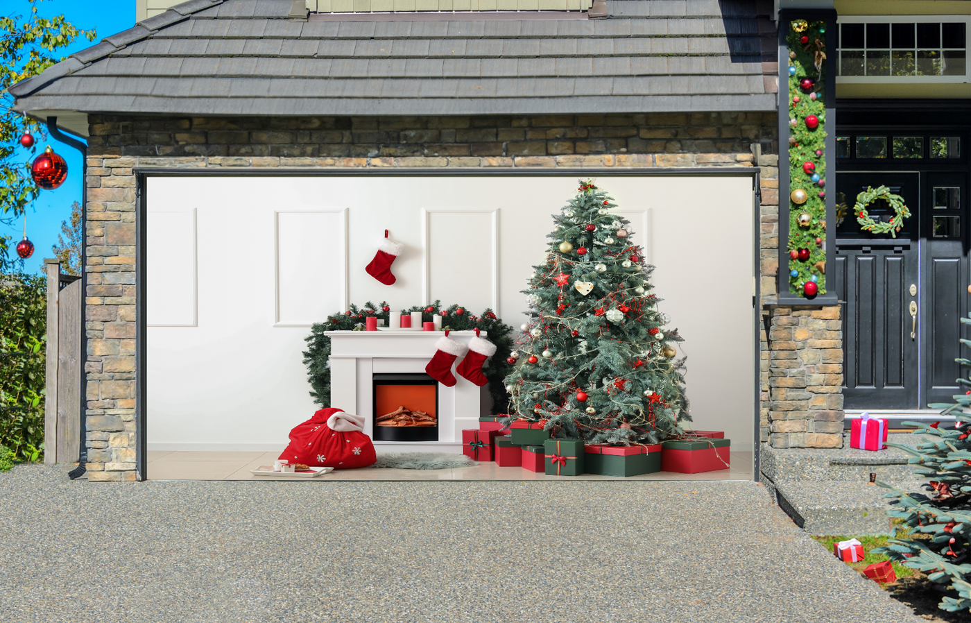 Interior of Light Living Room With Santa Bag, Fireplace And Christmas Tree Garage Door Cover Wrap Backdrop Decoration