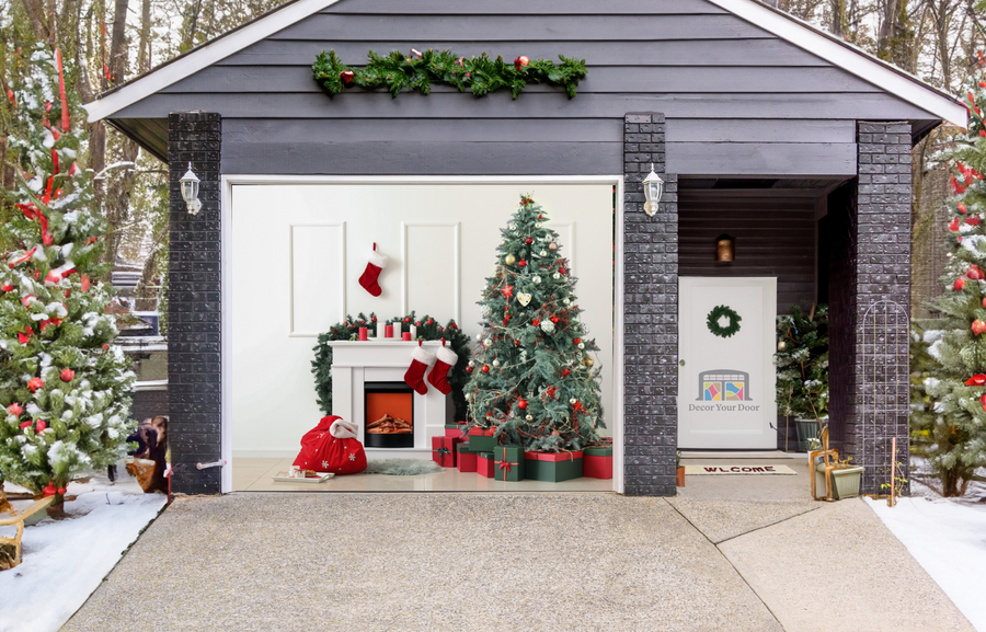 Interior of Light Living Room With Santa Bag, Fireplace And Christmas Tree Garage Door Cover Wrap Backdrop Decoration