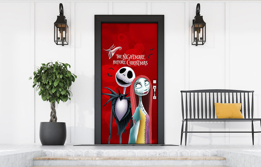 Jack y Sally de Pesadilla antes de Navidad, fondo rojo, funda para puerta principal