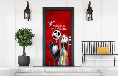 Jack And Sally The Nightmare Before Christmas Red Background Front Door Cover Banner Wrap