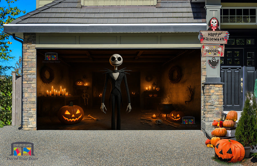 Vinilo decorativo para puerta de garaje de Halloween del taller embrujado de Jack Skellington