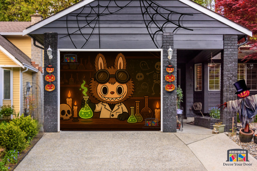Vinilo decorativo para puerta de garaje de Halloween del laboratorio embrujado de Labubu