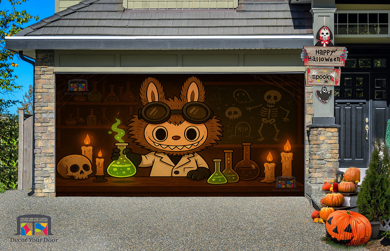 Labubu’s Haunted Lab Halloween Garage Door Cover Banner Wrap