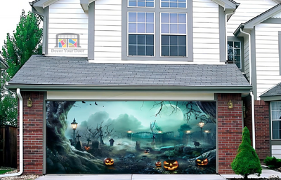 Lanterns In Graveyard In The Spooky Night Halloween Garage Door Cover Banner Backdrop